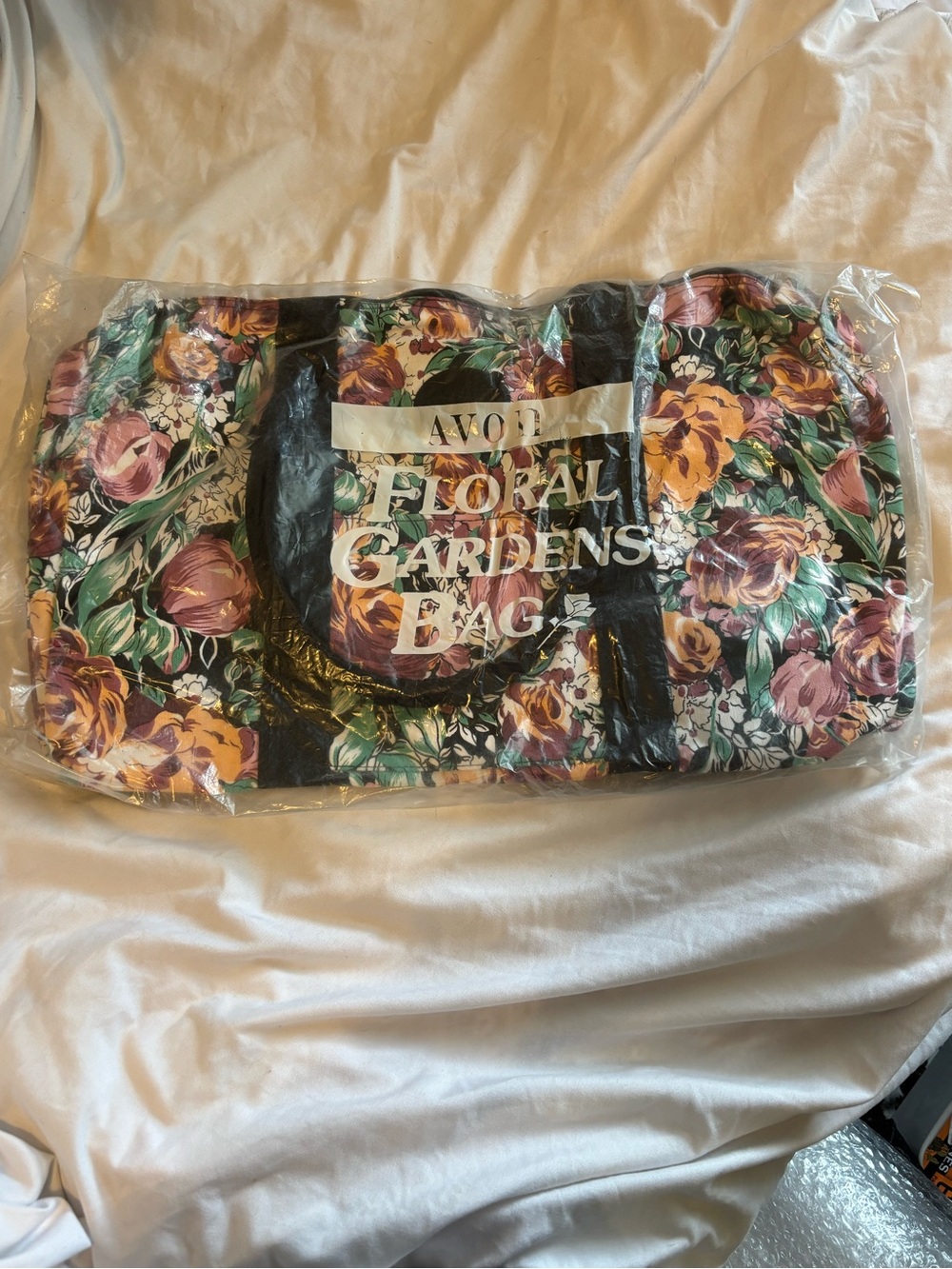 Vintage Avon Floral Gardens Cotton Tote Bag - Black with Pink & Green Floral
